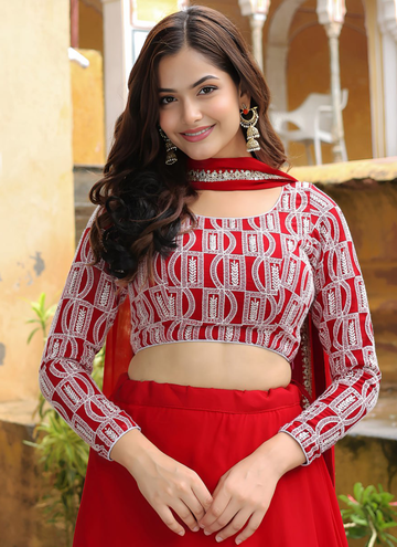 Marvellous Georgette Sequence Thread Work Bridesmaid Red Lehenga Choli